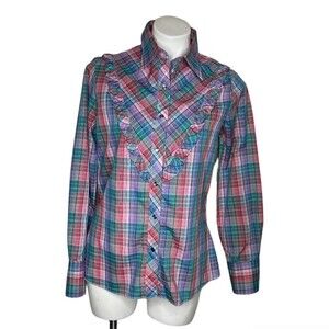 WRANGLER Authentic Western Shirt For Females Plaid Pink Blue Vintage 70s Ruffled